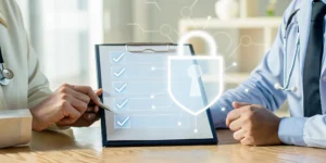 Healthcare IT Risk Assessment Checklist showing tablet and security shields