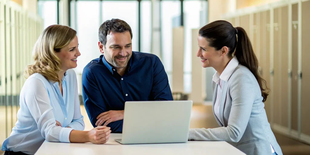 IT consultant advising two Tampa small-business owners and discussing an IT strategy at a modern office desk