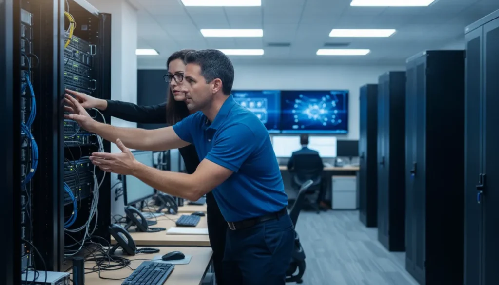 IT support engineer responding quickly to resolve a server emergency in a modern operations center