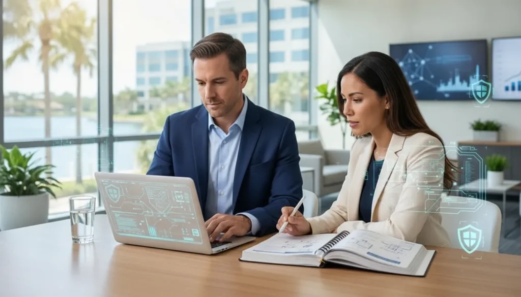 Cybersecurity professionals conducting a network penetration test in a modern office