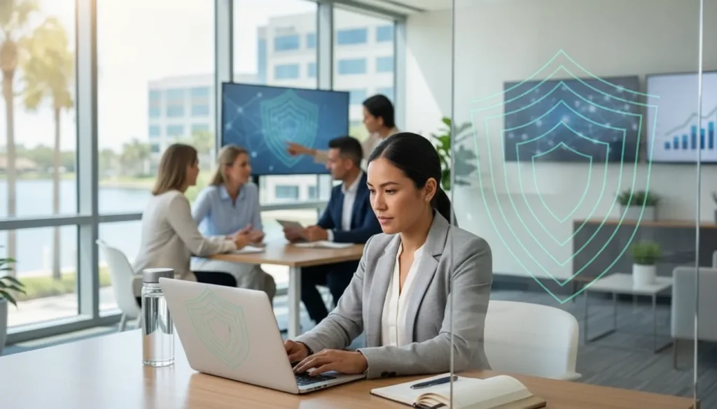Small business IT professional reviewing Microsoft 365 security settings on a laptop