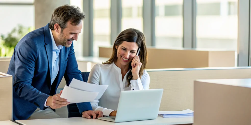 IT consultant and business owner preparing their company for a cyber insurance application in a modern office