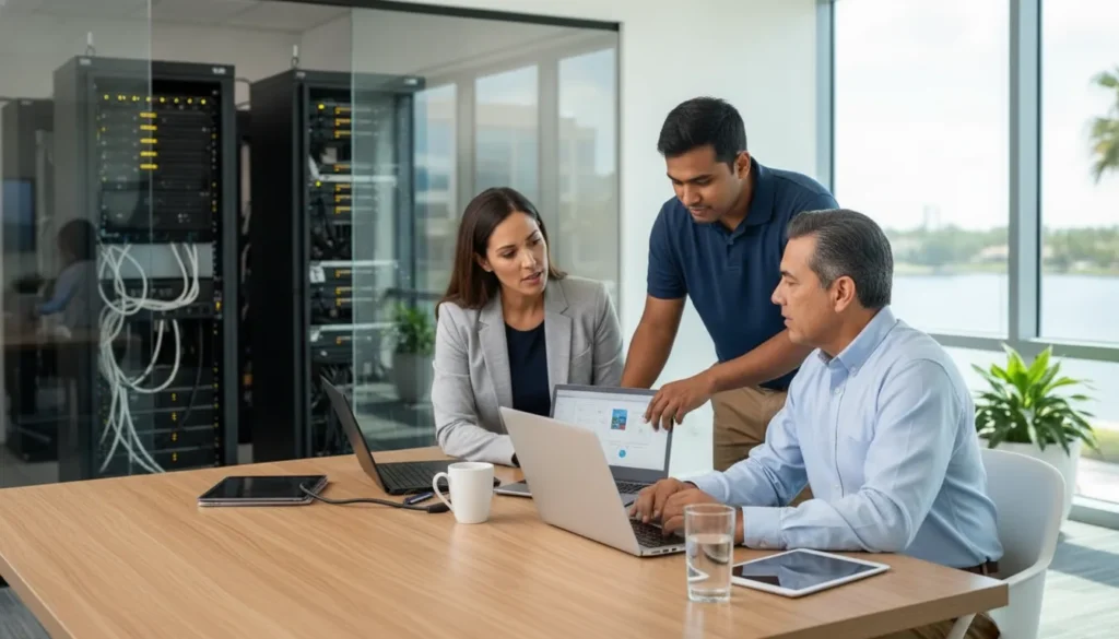 IT professional helping a small business owner plan a cloud server migration in a modern office