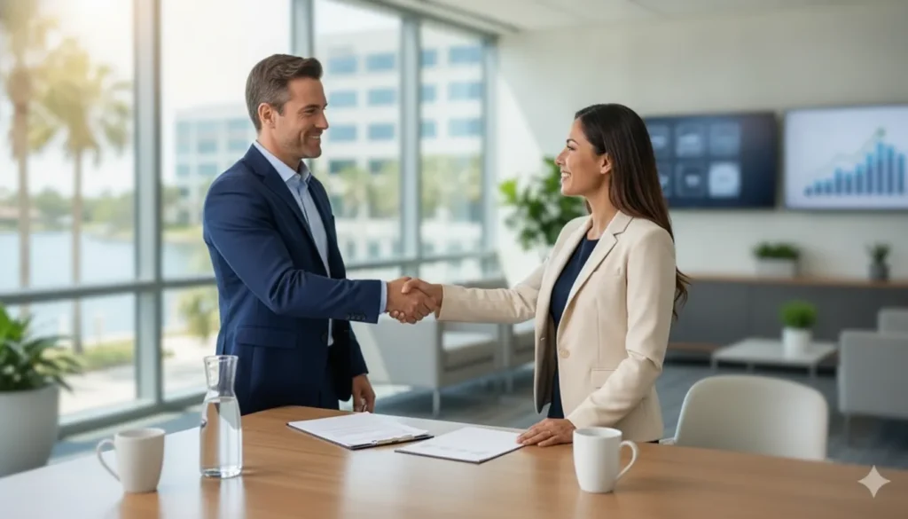 Business owners meeting with a managed service provider to review an IT services agreement
