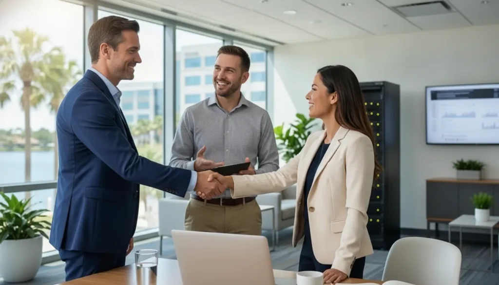 Business owners meeting with an IT managed-services engineer to discuss outsourcing IT support for their growing company