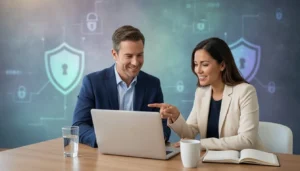 Small business owner and cybersecurity professional reviewing network security on a laptop with digital protection motifs