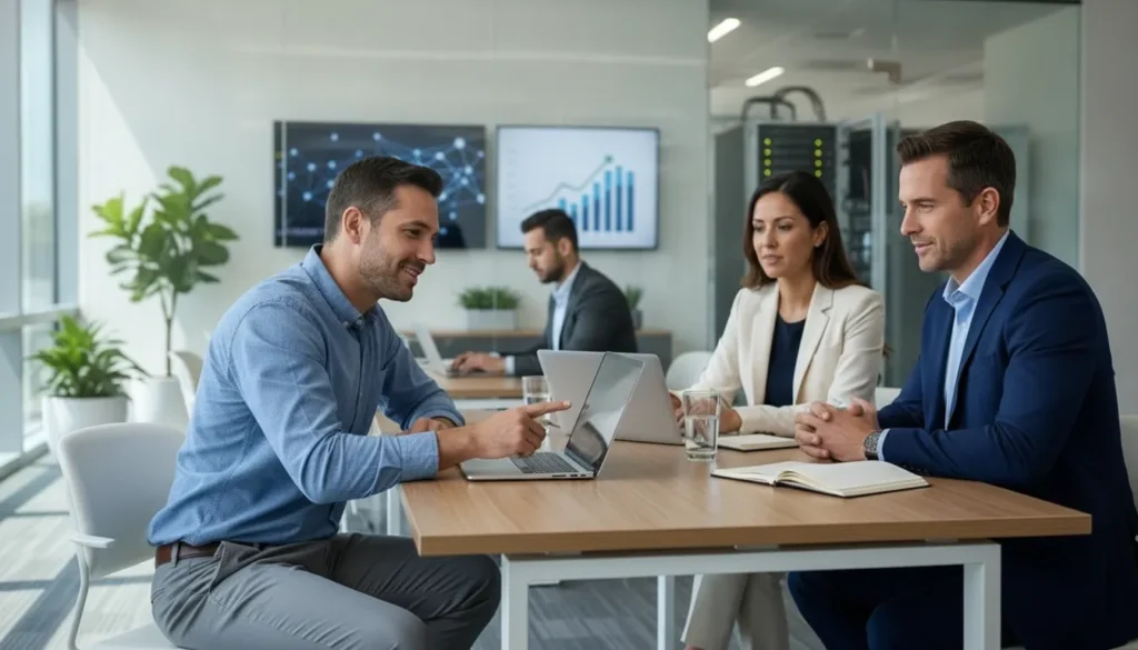 IT support specialist working alongside a small team in a modern office