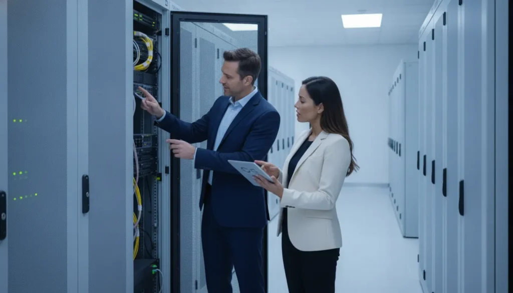 IT consultant reviewing server racks and network equipment during an IT infrastructure audit