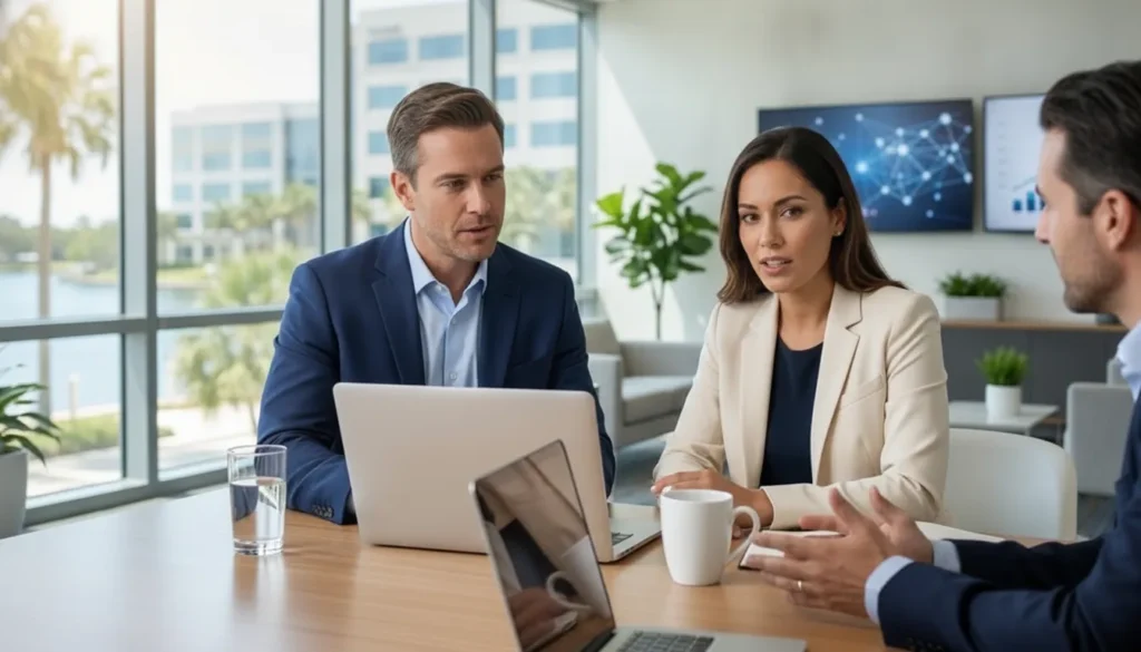 Business owners discussing their IT support and consulting strategy with an IGTech365 advisor in a modern office
