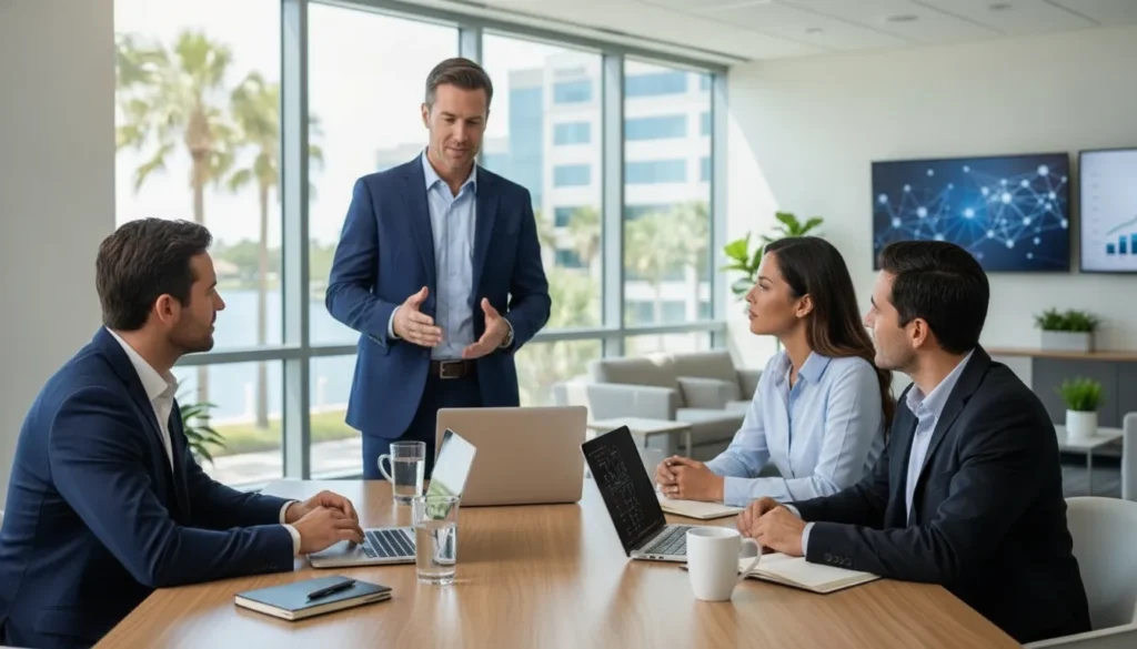 IT professional leading a cybersecurity awareness workshop with employees in a bright Tampa office