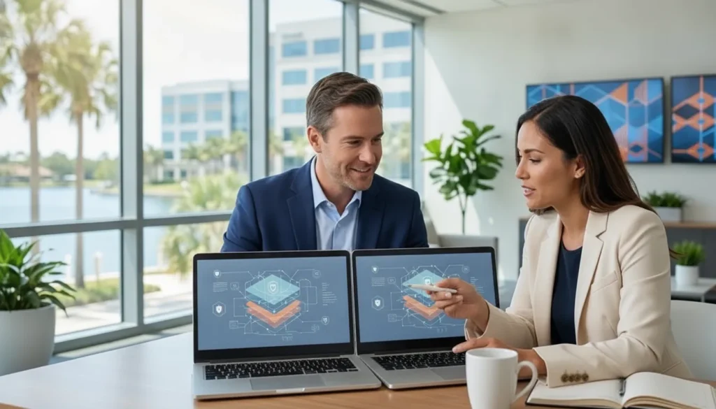 Tampa Bay business owner and IT advisor reviewing a layered cybersecurity plan