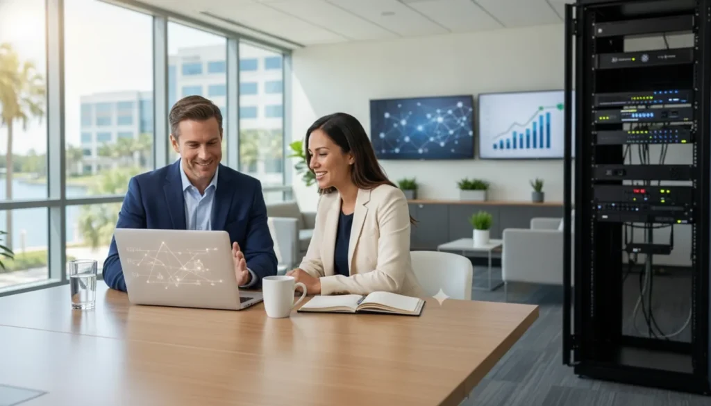 Business operations manager and IT consultant coordinating a managed service provider transition
