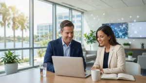 Business team collaborating on cloud-based workspaces