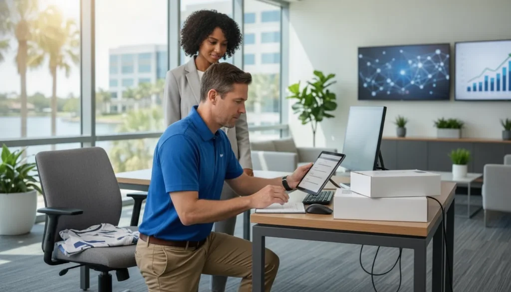 IT administrator preparing a new employee's workstation and checking Microsoft 365 access needs