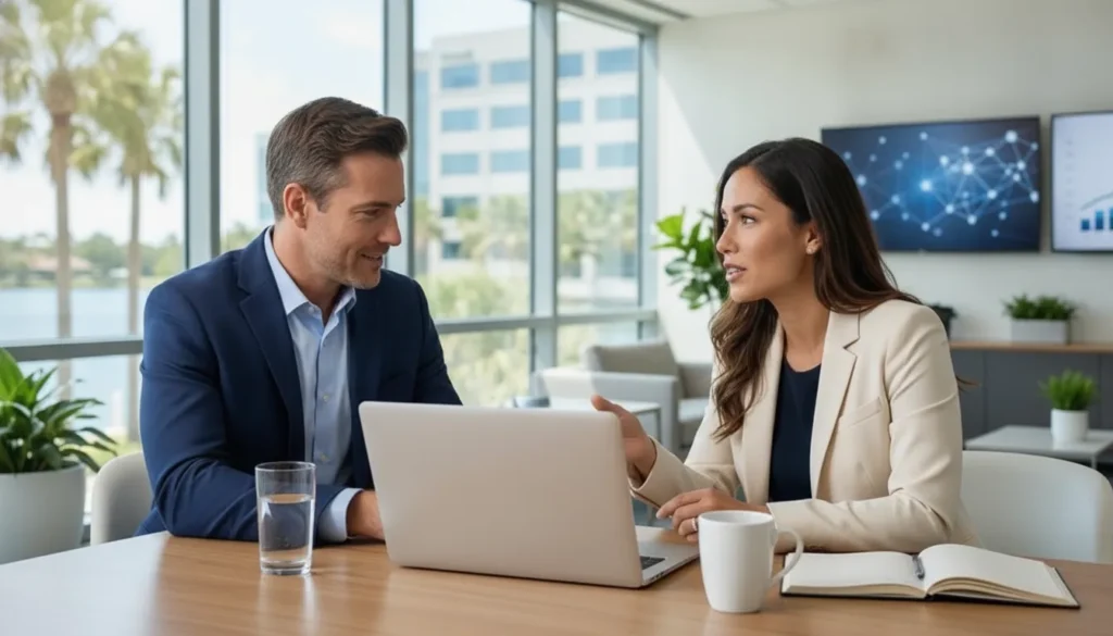 Business owner and IT advisor discussing managed support in an office