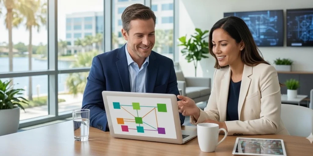 IT leader reviewing a SaaS application inventory with a colleague in a small business office