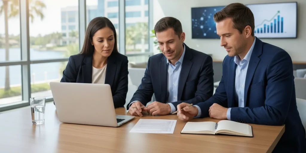 Business team reviewing an outage response plan beside a laptop in a modern office