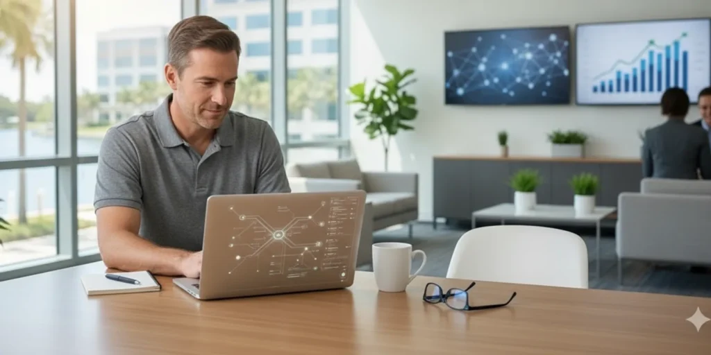 IT administrator reviewing access security settings on a laptop in a modern office