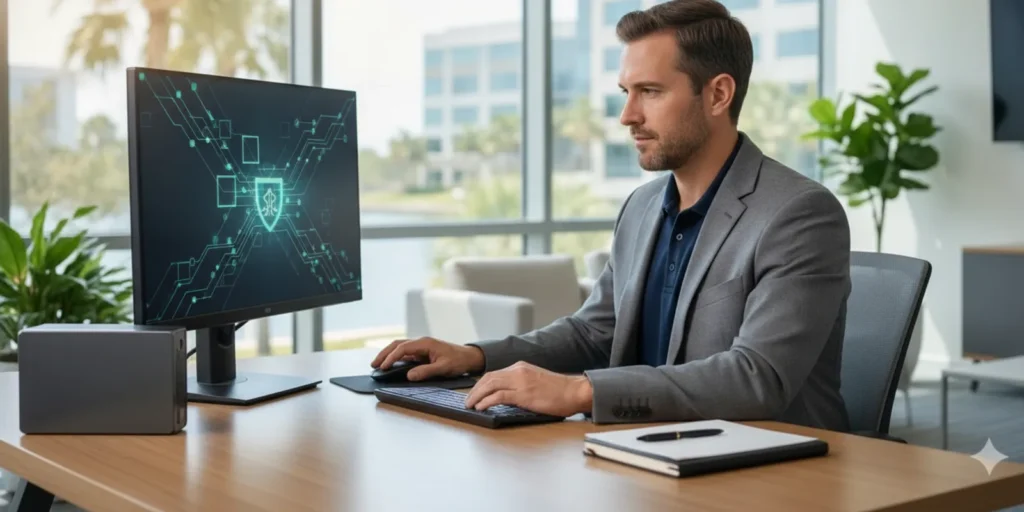 IT professional reviewing Microsoft 365 data protection settings on a computer in a small business office