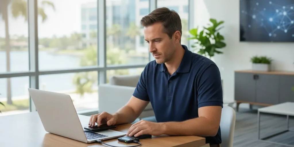 IT administrator preparing a business laptop and smartphone for Microsoft Intune enrollment